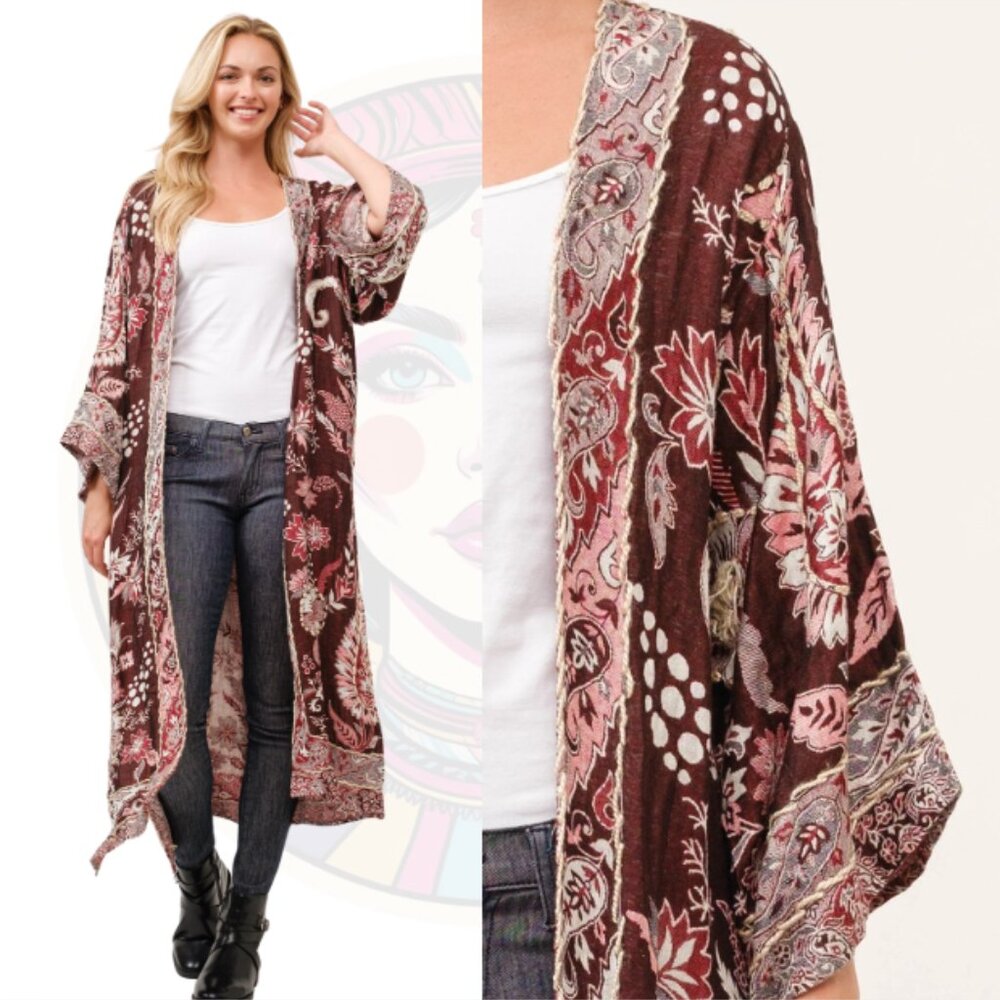VEGA Maroon Paisley Duster Thick Stitch Embroidered Duster